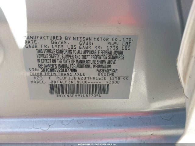 Продажа на аукционе авто 2025 Nissan Versa 1.6 Sv, vin: 3N1CN8EV2SL877096, номер лота: 44931827