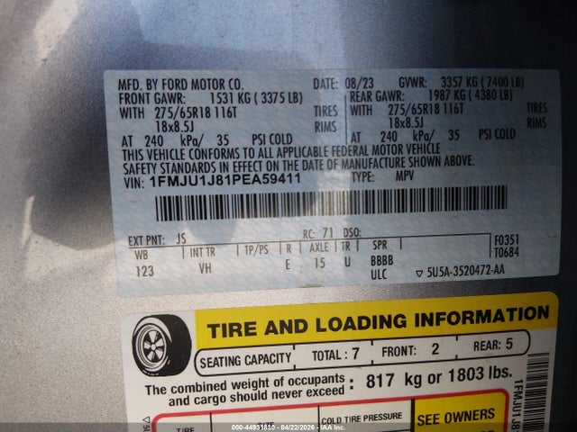 2023 Ford Expedition Xlt მანქანა იყიდება აუქციონზე, vin: 1FMJU1J81PEA59411, აუქციონის ნომერი: 44931830