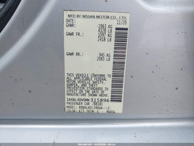 44931851 :رقم المزاد ، 1N4BL4DV6MN315896 vin ، 2021 Nissan Altima Sv Fwd مزاد بيع