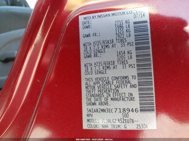 Aukcja sprzedaży 2014 Nissan Pathfinder Sl, vin: 5N1AR2MN3EC718946, numer aukcji: 44931854