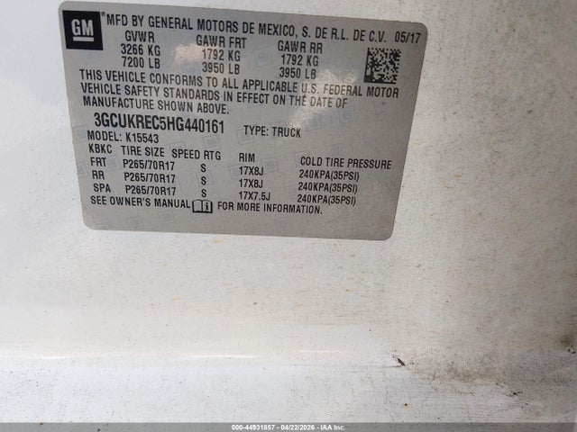 Продаж на аукціоні авто 2017 Chevrolet Silverado 1500 1lt, vin: 3GCUKREC5HG440161, номер лоту: 44931857