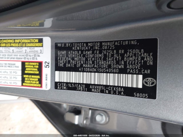 4T1DBADK1SU540560 Toyota CAMRY SE