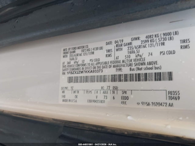 1FBZX2ZM7KKA93373 Ford Transit-350 Xlt