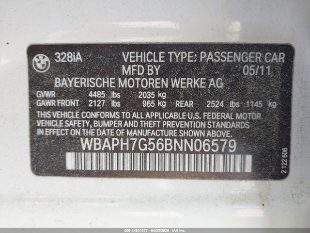 44931877 :رقم المزاد ، WBAPH7G56BNN06579 vin ، 2011 Bmw 328i مزاد بيع