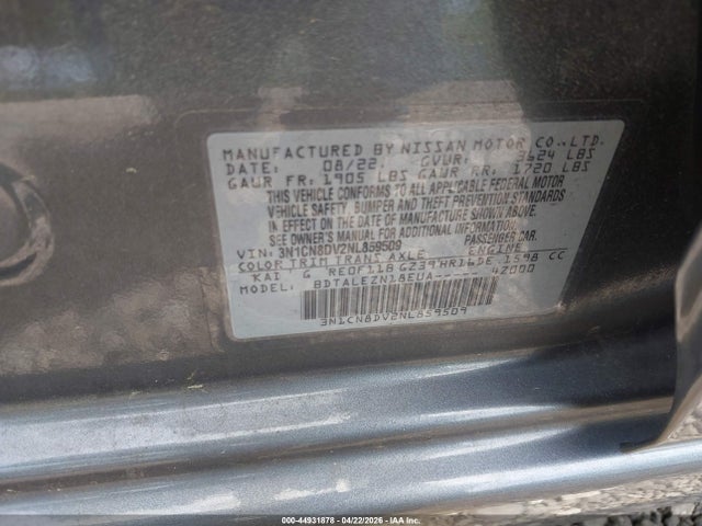 Aukcja sprzedaży 2022 Nissan Versa 1.6 S Xtronic Cvt, vin: 3N1CN8DV2NL859509, numer aukcji: 44931878