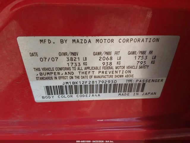 Aukcja sprzedaży 2008 Mazda Mazda3 I Sport, vin: JM1BK12F281792930, numer aukcji: 44931899