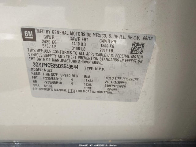 44931903 :رقم المزاد ، 3GYFNCE35DS649544 vin ، 2013 Cadillac Srx Luxury Collection مزاد بيع