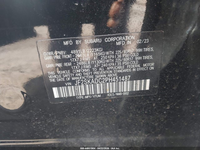 44931904 :رقم المزاد ، JF2SKADC2PH451487 vin ، 2023 Subaru Forester Premium مزاد بيع