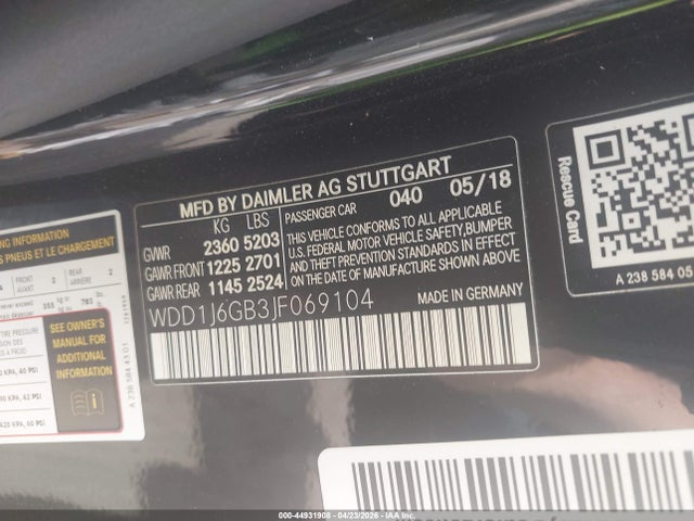 44931908 :رقم المزاد ، WDD1J6GB3JF069104 vin ، 2018 Mercedes-benz E 400 4matic مزاد بيع