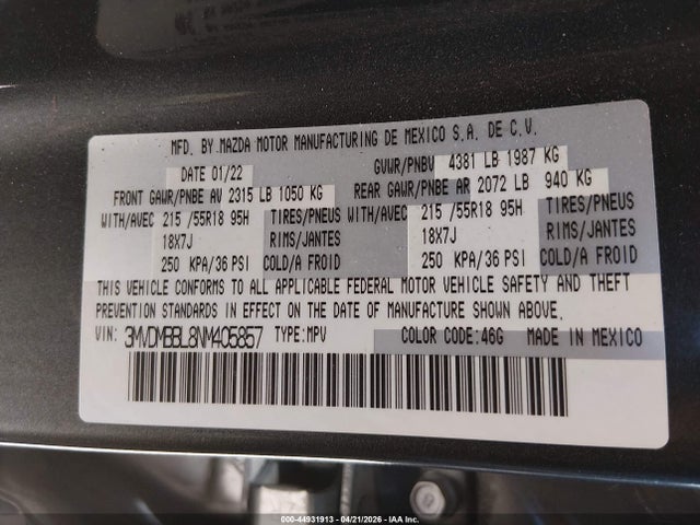 44931913 :رقم المزاد ، 3MVDMBBL8NM405857 vin ، 2022 Mazda Cx-30 Select مزاد بيع