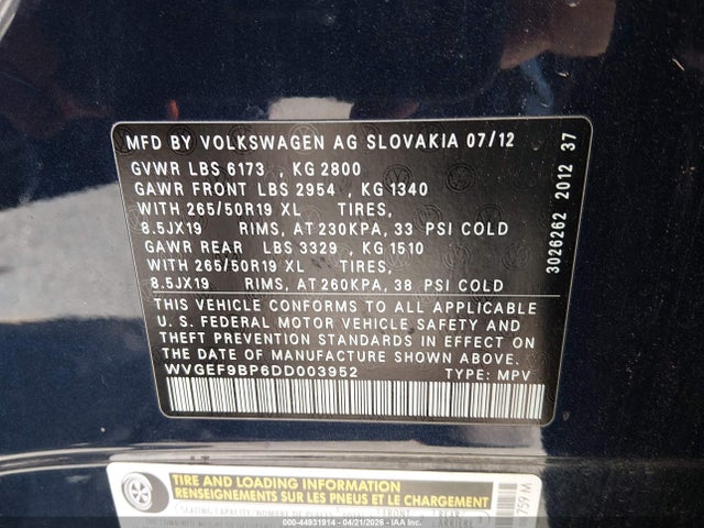 Aukcja sprzedaży 2013 Volkswagen Touareg Vr6 Lux, vin: WVGEF9BP6DD003952, numer aukcji: 44931914