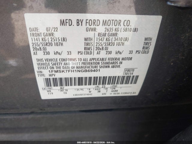44931919 :رقم المزاد ، 1FMSK7FH1NGB69401 vin ، 2022 Ford Explorer Limited مزاد بيع