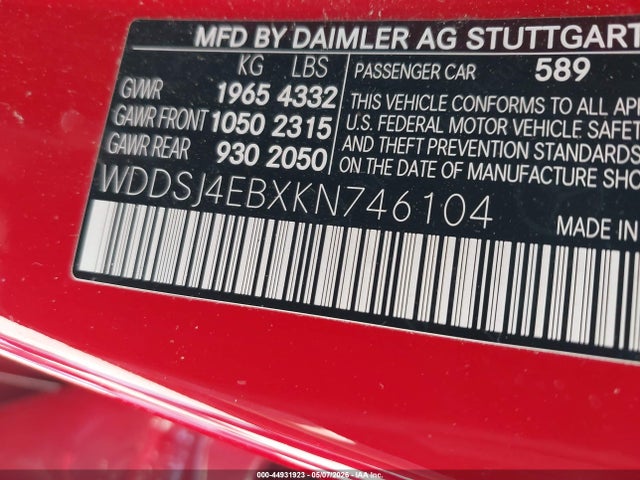 Продажа на аукционе авто 2019 Mercedes-benz Cla 250, vin: WDDSJ4EBXKN746104, номер лота: 44931923