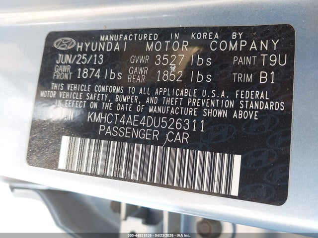 44931929 :رقم المزاد ، KMHCT4AE4DU526311 vin ، 2013 Hyundai Accent Gls مزاد بيع