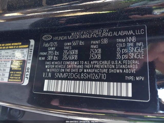 Aukcja sprzedaży 2025 Hyundai Santa Fe Sel, vin: 5NMP2DGL8SH126710, numer aukcji: 44931932