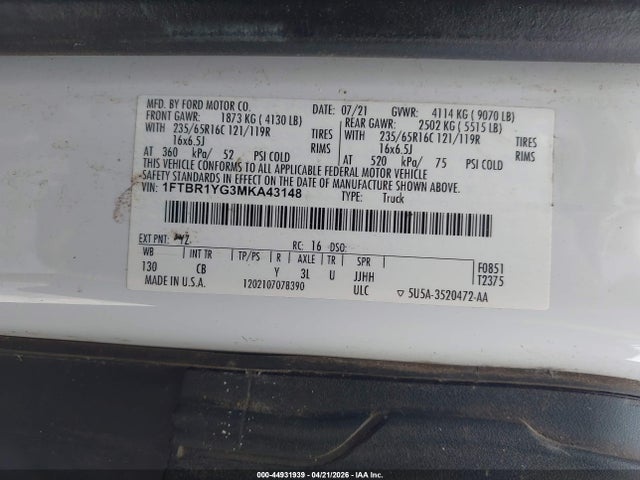Aukcja sprzedaży 2021 Ford Transit-250, vin: 1FTBR1YG3MKA43148, numer aukcji: 44931939