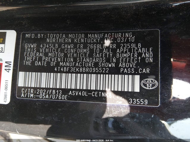 2011 Toyota Camry Le მანქანა იყიდება აუქციონზე, vin: 4T4BF3EK8BR095522, აუქციონის ნომერი: 44931945