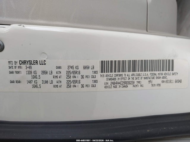 2009 Chrysler Town & Country Lx მანქანა იყიდება აუქციონზე, vin: 2A8HR44E29R656220, აუქციონის ნომერი: 44931951