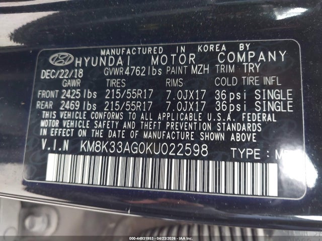 Auction sale of the 2019 Hyundai Kona Ev Limited, vin: KM8K33AG0KU022598, lot number: 44931953