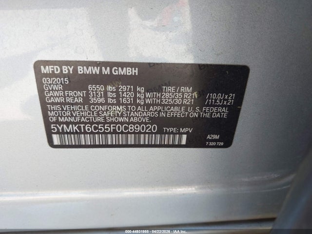 44931955 :رقم المزاد ، 5YMKT6C55F0C89020 vin ، 2015 Bmw X5 M مزاد بيع