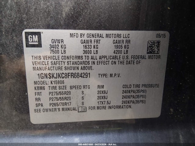 2015 Chevrolet Suburban 1500 Lt მანქანა იყიდება აუქციონზე, vin: 1GNSKJKC8FR684291, აუქციონის ნომერი: 44931958