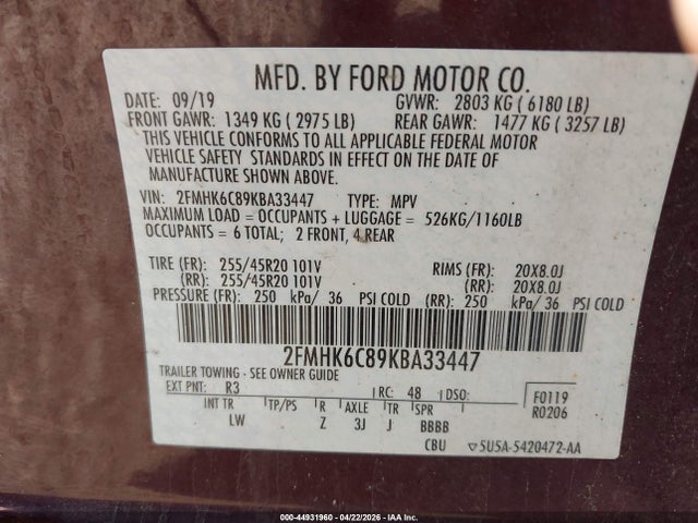 Продажа на аукционе авто 2019 Ford Flex Sel, vin: 2FMHK6C89KBA33447, номер лота: 44931960