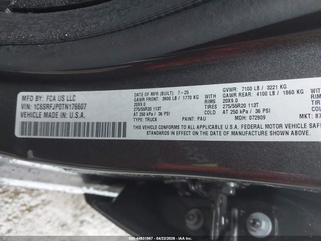 Продажа на аукционе авто 2026 Ram 1500 Laramie  4x4 5'7 Box, vin: 1C6SRFJP0TN176607, номер лота: 44931967