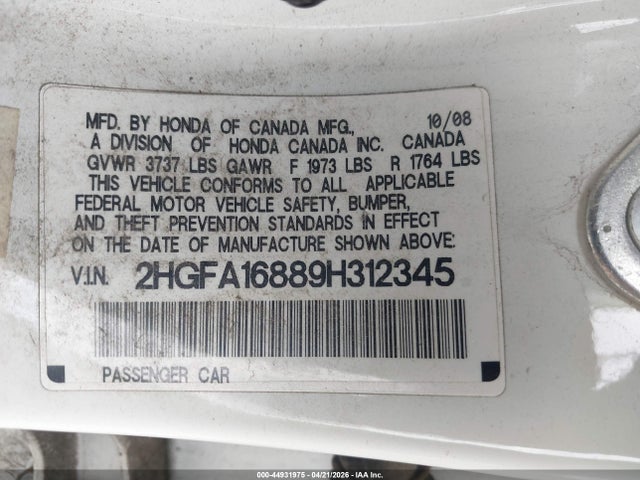 2009 Honda Civic Ex მანქანა იყიდება აუქციონზე, vin: 2HGFA16889H312345, აუქციონის ნომერი: 44931975