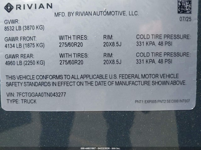 Продажа на аукционе авто 2026 Rivian R1t Dual Motor Standard Pack, vin: 7FCTGGAA0TN043277, номер лота: 44931987
