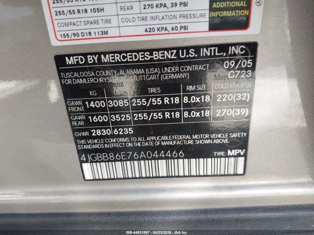 44931997 :رقم المزاد ، 4JGBB86E76A044466 vin ، 2006 Mercedes-benz Ml 350 4matic مزاد بيع