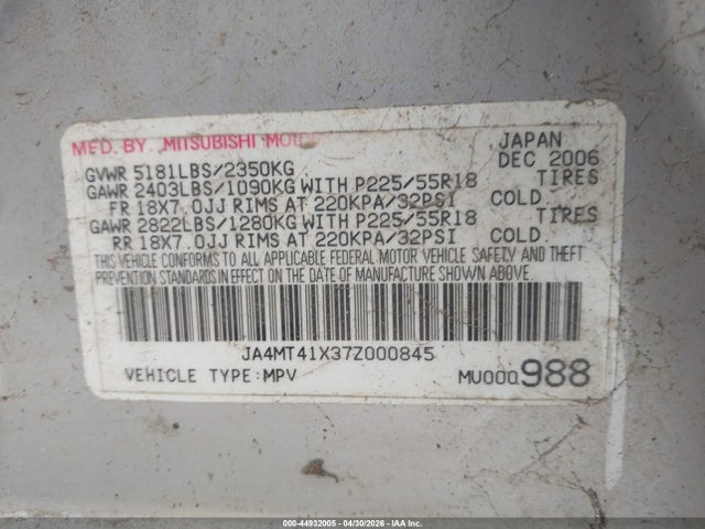 44932005 :رقم المزاد ، JA4MT41X37Z000845 vin ، 2007 Mitsubishi Outlander Xls مزاد بيع