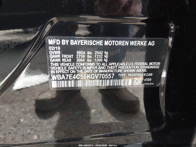 44932012 :رقم المزاد ، WBA7E4C56KGV70557 vin ، 2019 Bmw 740i Xdrive مزاد بيع