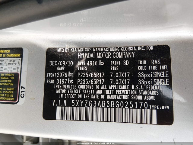 2011 Hyundai Santa Fe Gls მანქანა იყიდება აუქციონზე, vin: 5XYZG3AB3BG025170, აუქციონის ნომერი: 44932014