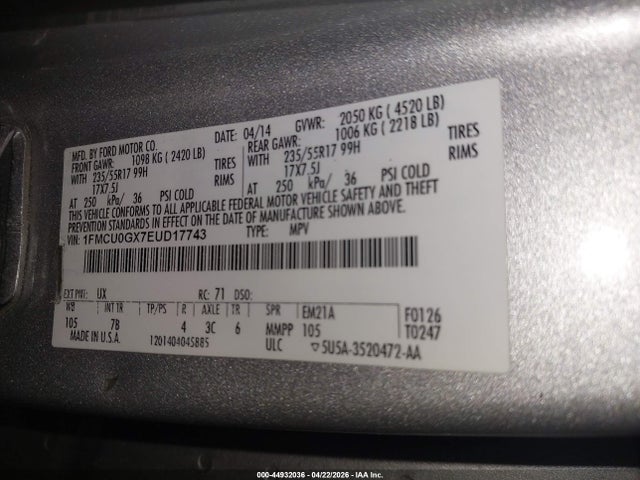 Продажа на аукционе авто 2014 Ford Escape Se, vin: 1FMCU0GX7EUD17743, номер лота: 44932036
