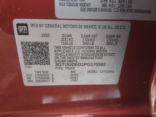 Продажа на аукционе авто 2023 Gmc Sierra 1500 4wd  Short Box Slt, vin: 3GTUUDED1PG170592, номер лота: 44932038