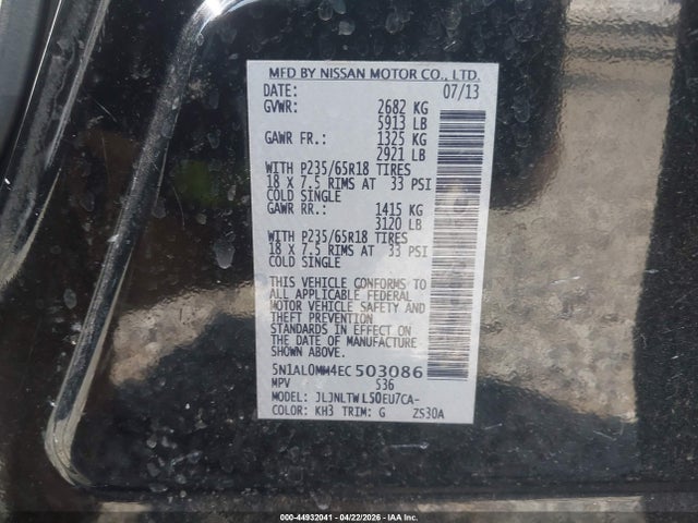 44932041 :رقم المزاد ، 5N1AL0MM4EC503086 vin ، 2014 Infiniti Qx60 مزاد بيع