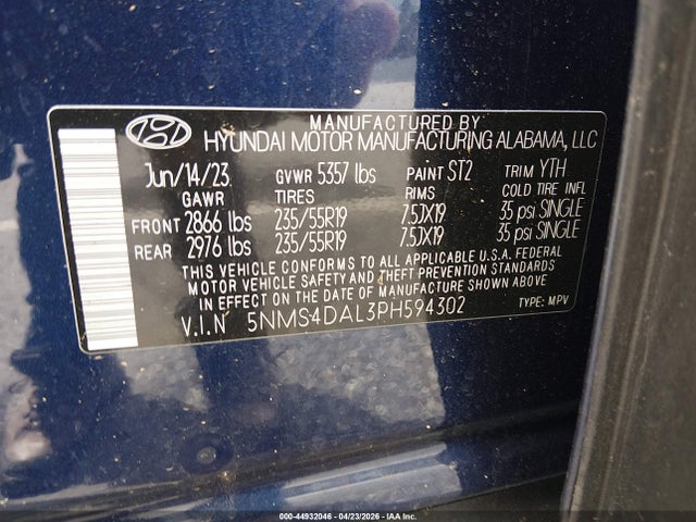 Продажа на аукционе авто 2023 Hyundai Santa Fe Limited, vin: 5NMS4DAL3PH594302, номер лота: 44932046