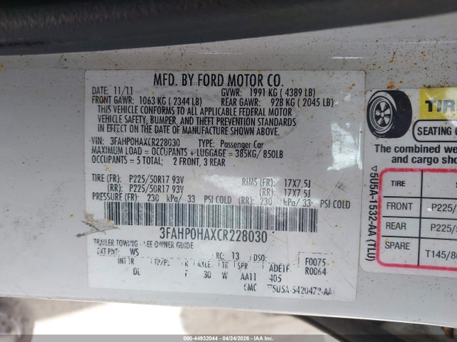 Продаж на аукціоні авто 2012 Ford Fusion Se, vin: 3FAHP0HAXCR228030, номер лоту: 44932044