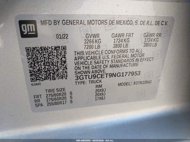 Aukcja sprzedaży 2022 Gmc Sierra 1500 Limited 4wd  Short Box Elevation, vin: 3GTU9CET9NG177953, numer aukcji: 44932052