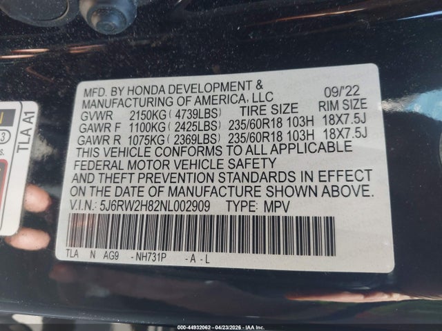 Продажа на аукционе авто 2022 Honda Cr-v Awd Ex-l, vin: 5J6RW2H82NL002909, номер лота: 44932062