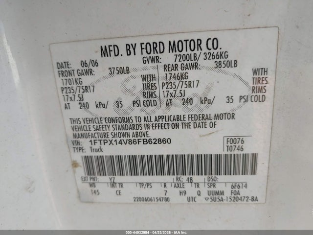 Продажа на аукционе авто 2006 Ford F-150 Fx4/lariat/xl/xlt, vin: 1FTPX14V86FB62860, номер лота: 44932084