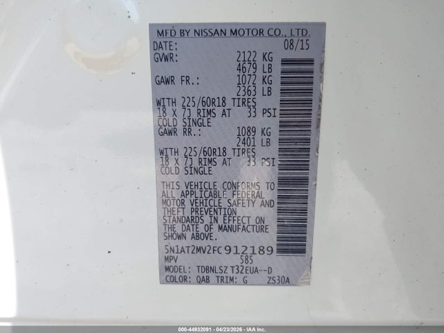 Aukcja sprzedaży 2015 Nissan Rogue Sl, vin: 5N1AT2MV2FC912189, numer aukcji: 44932091