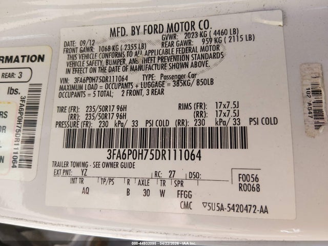 44932095 :رقم المزاد ، 3FA6P0H75DR111064 vin ، 2013 Ford Fusion Se مزاد بيع