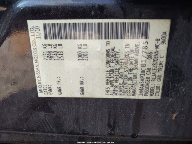Продаж на аукціоні авто 2011 Nissan Maxima 3.5 Sv, vin: 1N4AA5AP1BC817785, номер лоту: 44932096