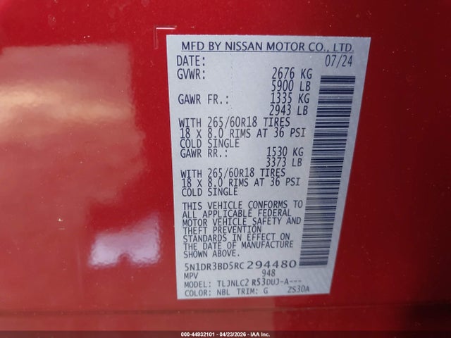 Продаж на аукціоні авто 2024 Nissan Pathfinder Rock Creek 4wd, vin: 5N1DR3BD5RC294480, номер лоту: 44932101