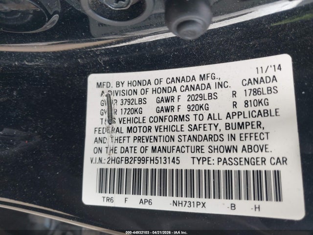 Honda Civic Ex-l 2015 2HGFB2F99FH513145 Image 9