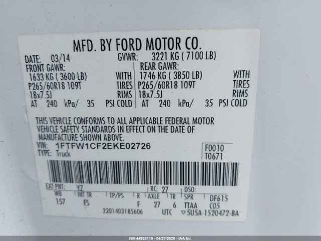 Продаж на аукціоні авто 2014 Ford F-150 Lariat, vin: 1FTFW1CF2EKE02726, номер лоту: 44932119