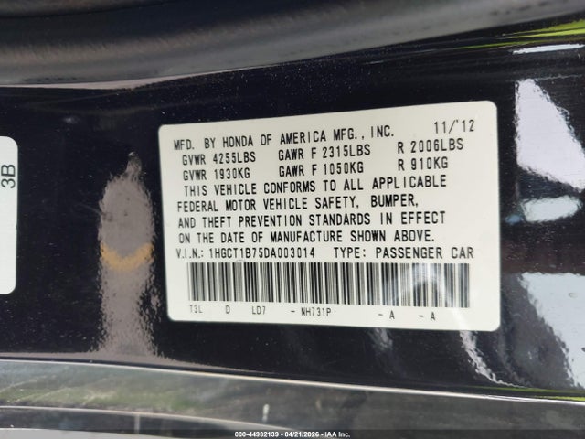 Продажа на аукционе авто 2013 Honda Accord Ex, vin: 1HGCT1B75DA003014, номер лота: 44932139