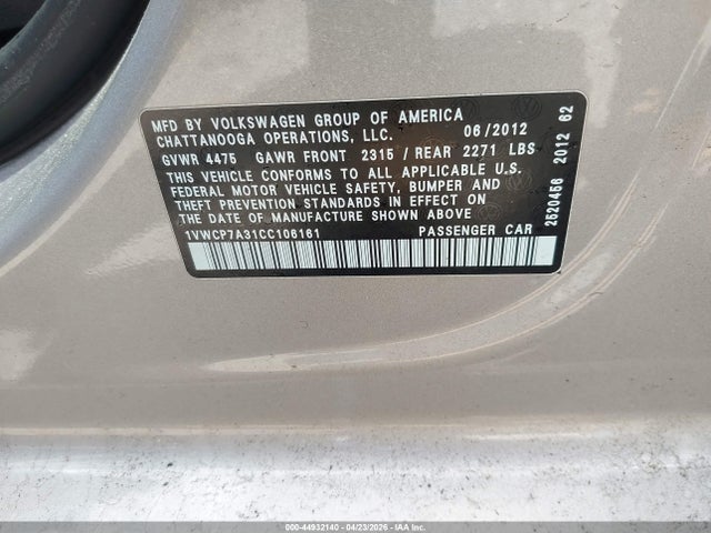 Продаж на аукціоні авто 2012 Volkswagen Passat 2.5l Sel, vin: 1VWCP7A31CC106161, номер лоту: 44932140