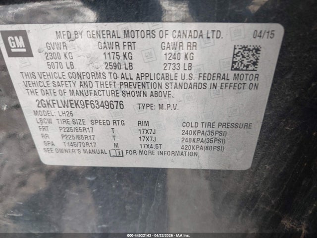 2015 Gmc Terrain Sle-2 მანქანა იყიდება აუქციონზე, vin: 2GKFLWEK9F6349676, აუქციონის ნომერი: 44932143
